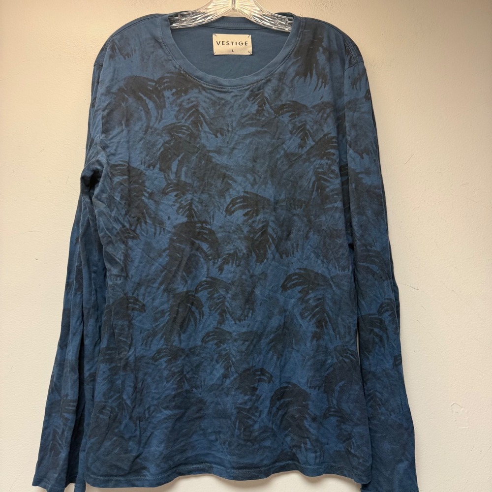 Vestige Long Sleeve T-Shirt Mens Large Blue Excellent Palm Print Cotton USA